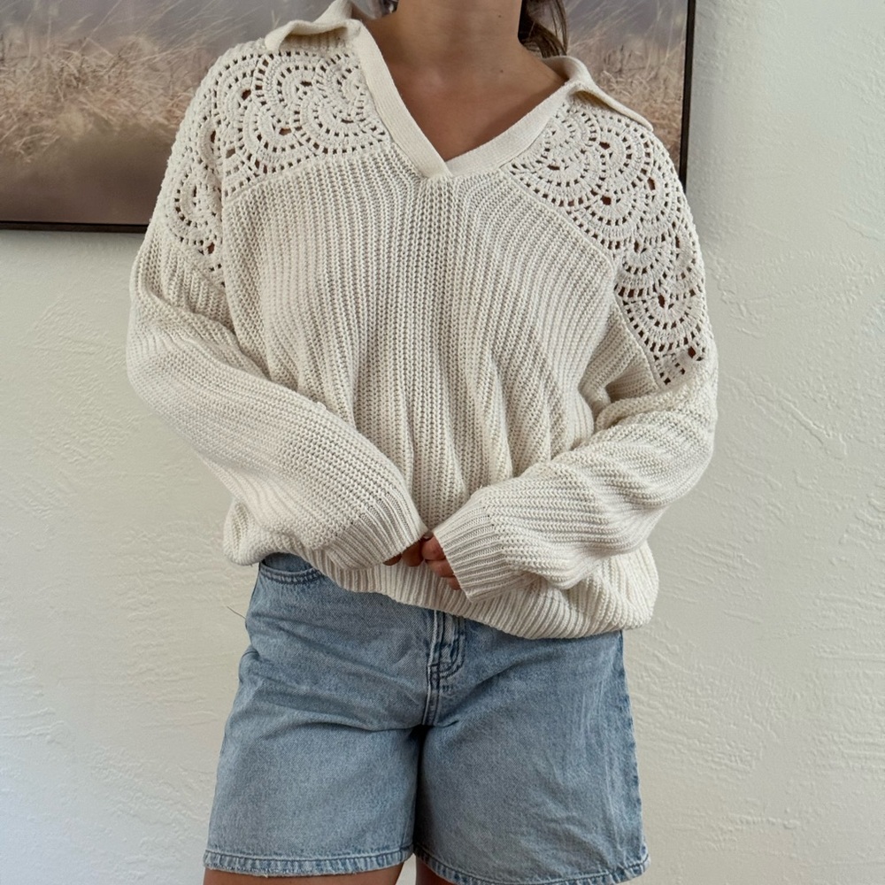 LOFT Cream V-Neck Sweater with Crochet Detail